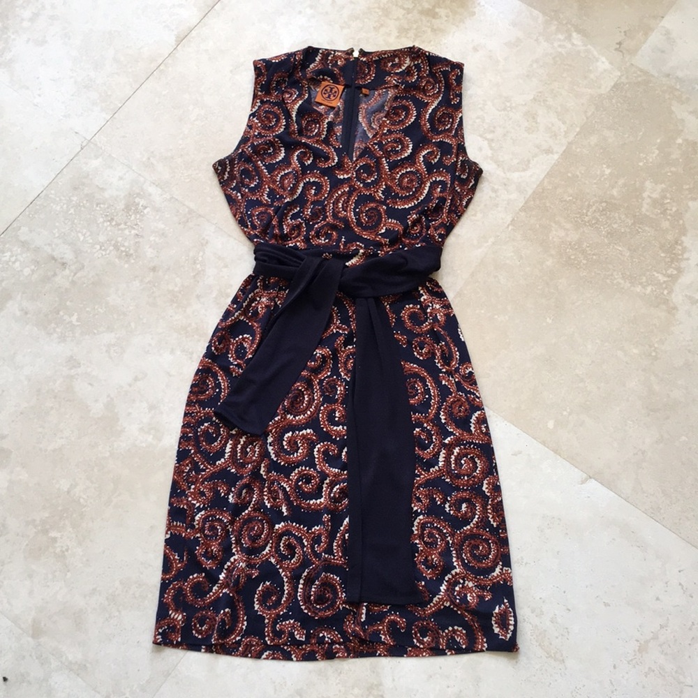 Tory Burch Navy and Copper Paisley Sheath Dress with Sash